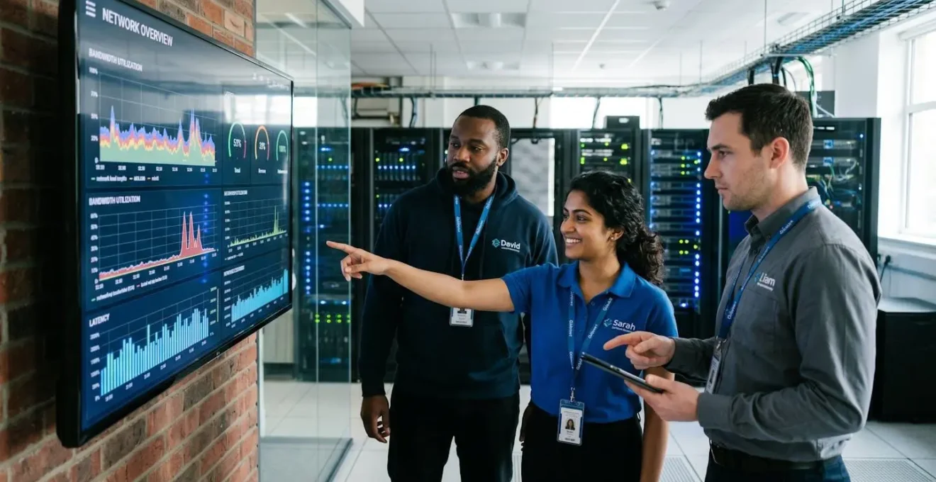 Équipe IT observant l'infrastructure d'un data center hybride moderne avec baies de serveurs en arrière-plan