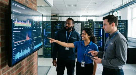 Équipe IT observant l'infrastructure d'un data center hybride moderne avec baies de serveurs en arrière-plan