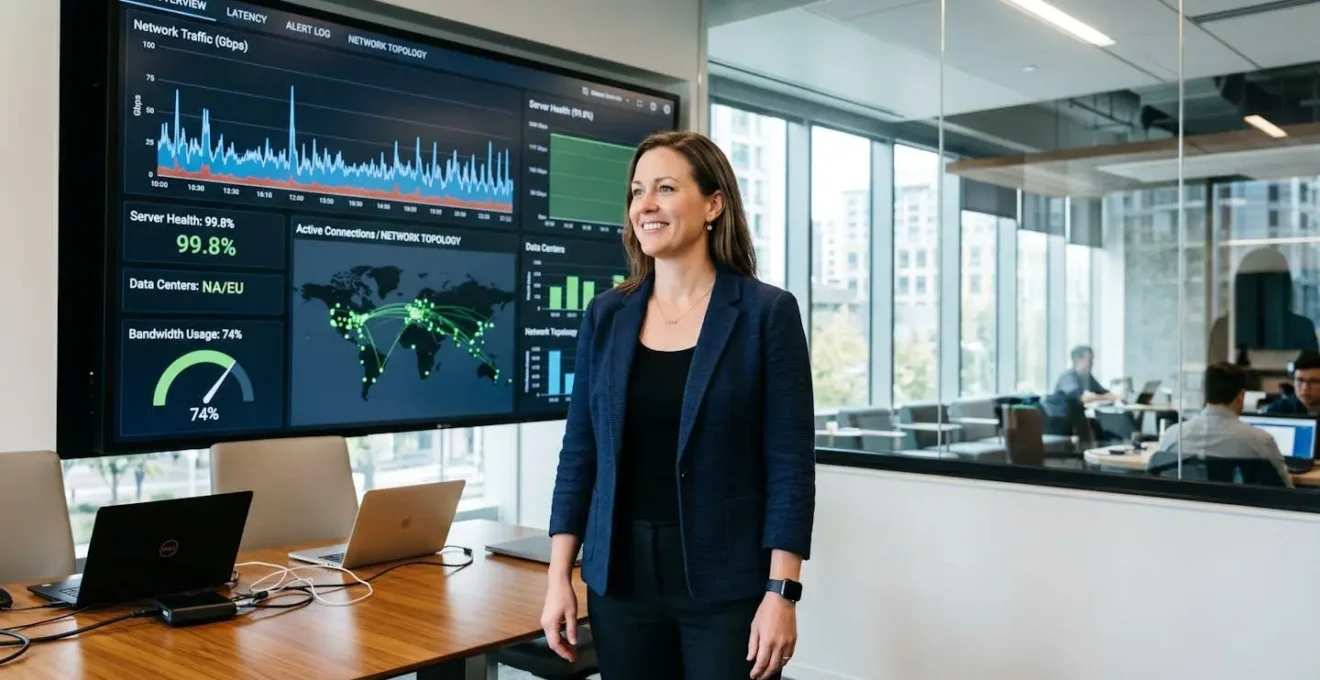 Responsable IT analysant un tableau de bord d'infrastructure cloud hybride sur un écran mural moderne