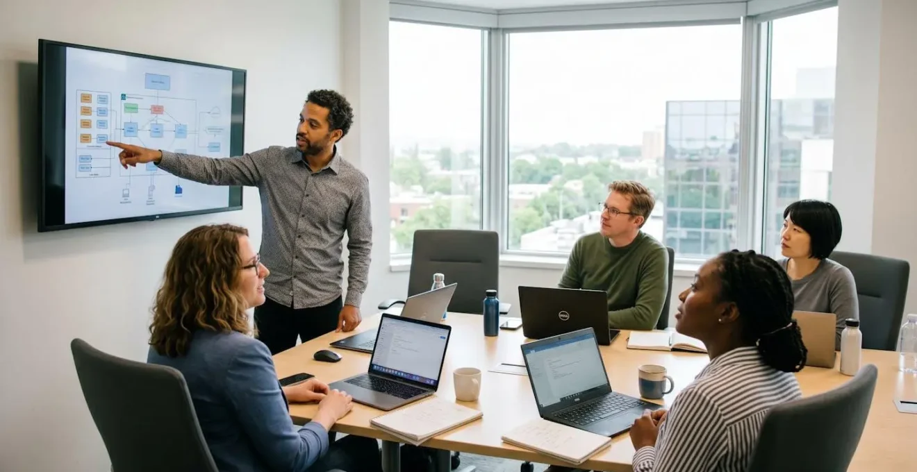 Équipe IT en réunion stratégique autour d'une table pour planifier une migration cloud hybride