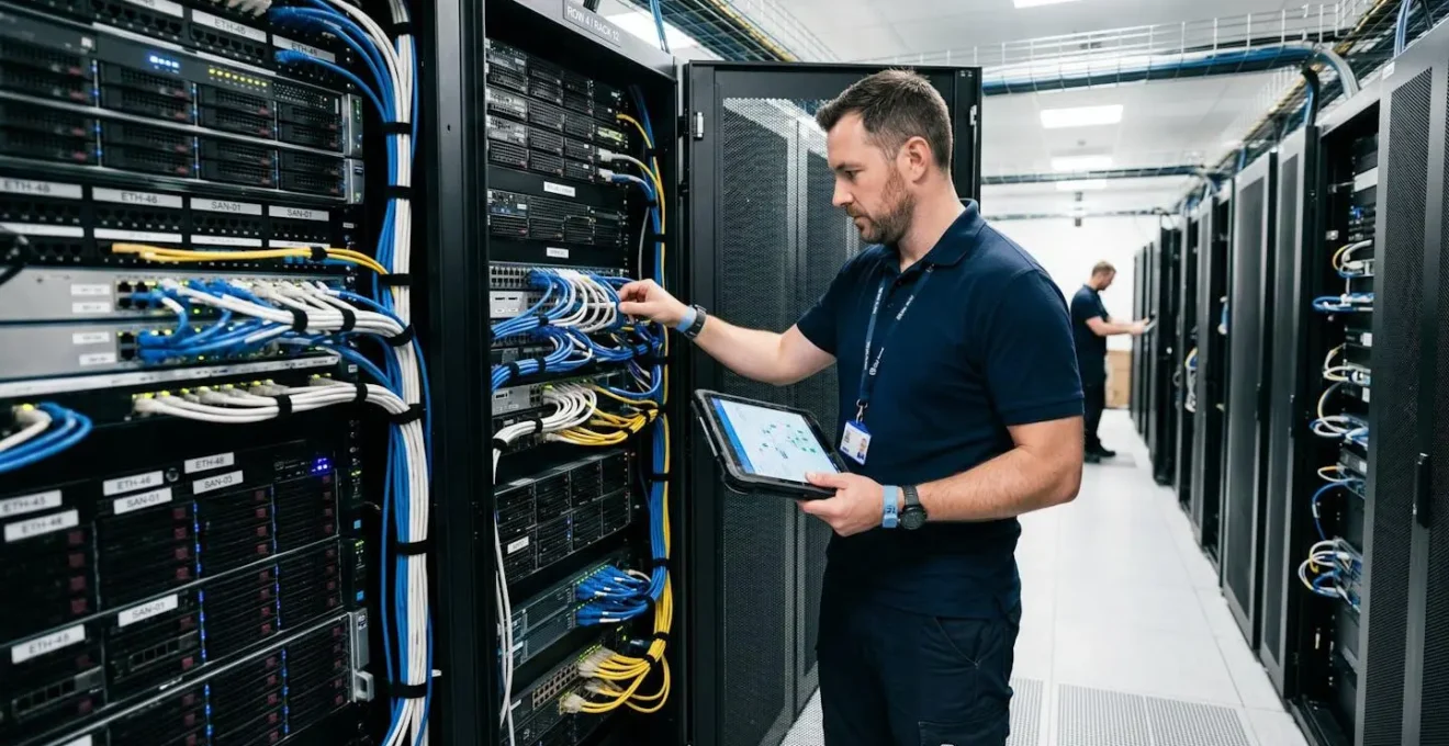Technicien IT configurant des serveurs physiques dans un data center avec une tablette, illustrant la gestion hybride