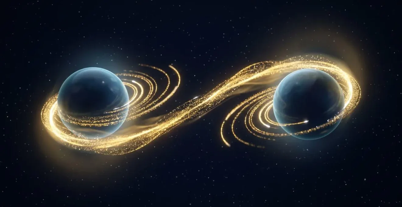 Représentation abstraite de flux de particules lumineuses dorées circulant entre deux sphères translucides sur fond étoilé