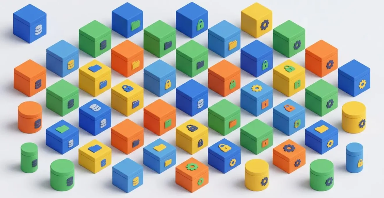 Illustration isométrique 3D d'un inventaire organisé de conteneurs colorés avec icônes symboliques représentant données, applications et sécurité