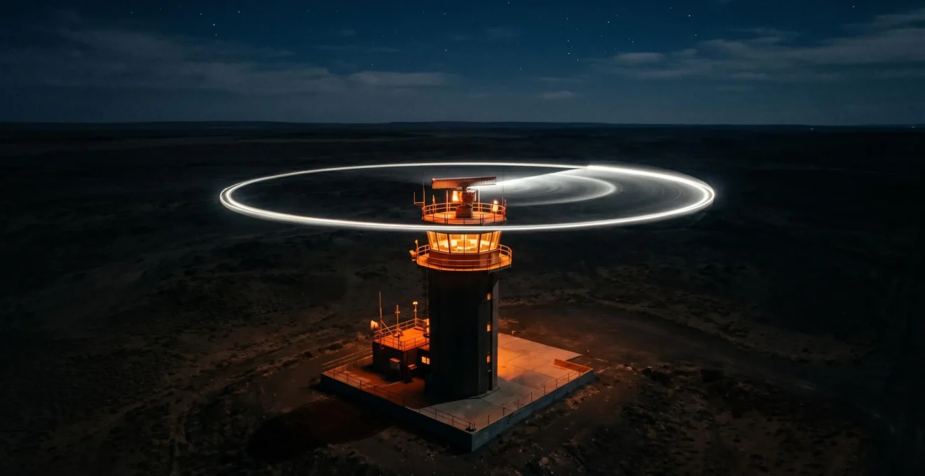 Vue aérienne nocturne d'une tour de contrôle radar isolée émettant un faisceau lumineux circulaire dans un paysage sombre
